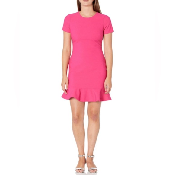 LIKELY 4 Beckett Fuchsia Ruffle Hem Short Slev Crew Neck Barbie Pink Party Dress - Picture 1 of 12